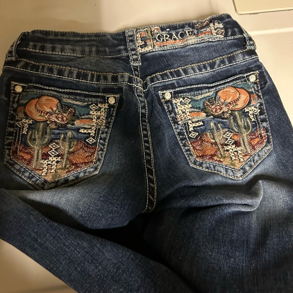 Grace in LA Blue Boot Cut Jeans with Embroidered Details